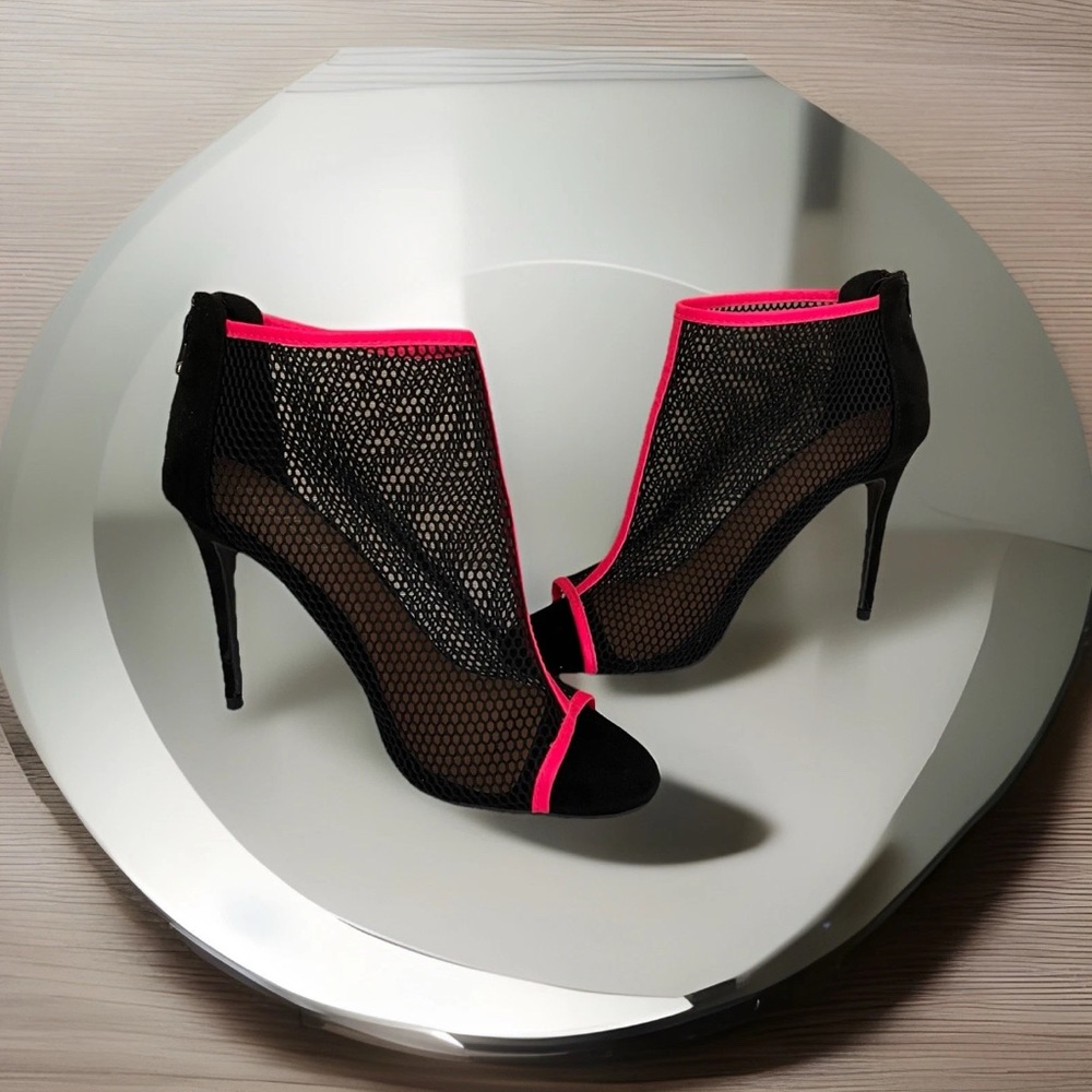 Anne Michelle peep toe sexy black mesh velvet heel shoes pink band size 8.5 EUC